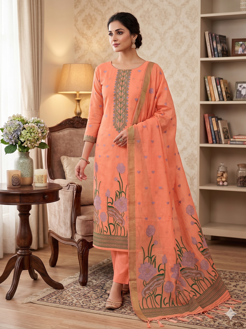 Peach muga cotton with jamdani weaving work suit