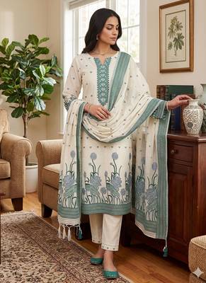 Offwhite muga cotton with jamdani weaving work unstitched suit 1