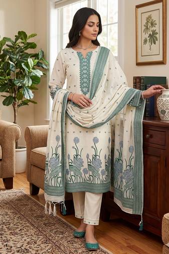 Offwhite muga cotton with jamdani weaving work unstitched suit