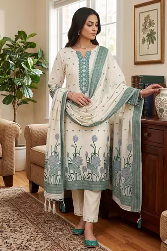 Offwhite muga cotton with jamdani weaving work unstitched suit