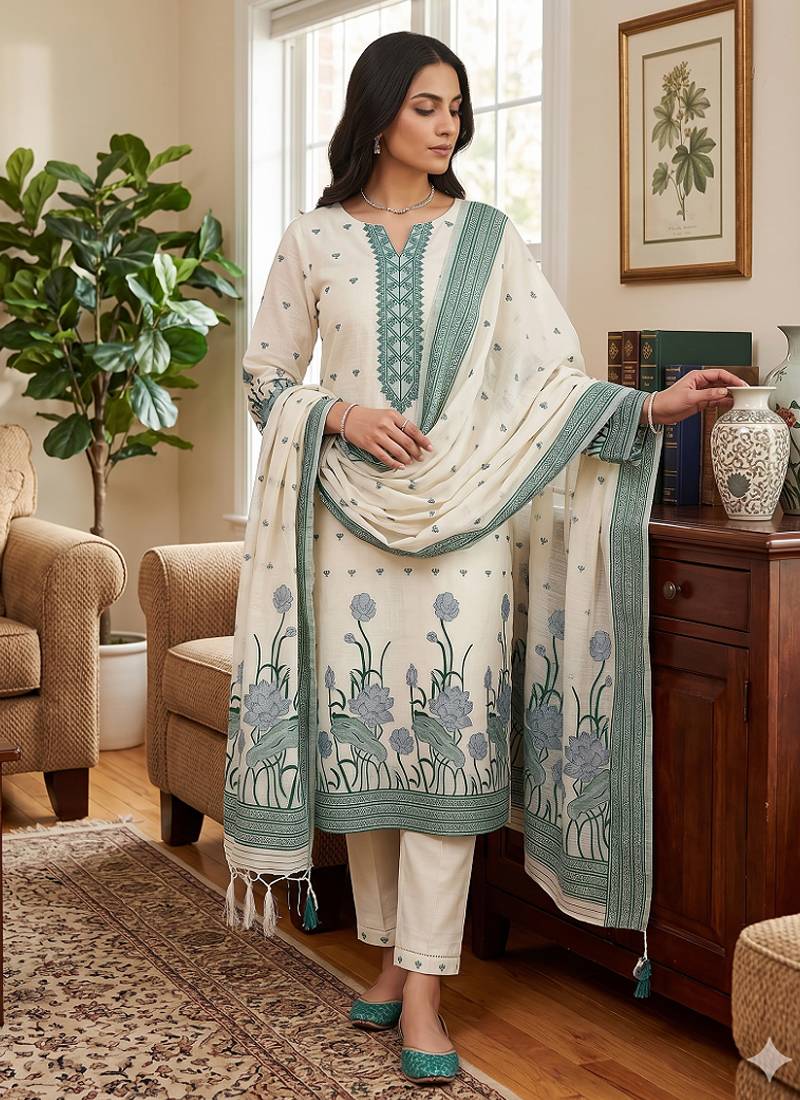 Offwhite muga cotton with jamdani weaving work unstitched suit