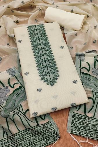 Offwhite muga cotton with jamdani weaving work unstitched suit
