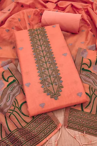 Peach muga cotton with jamdani weaving work suit