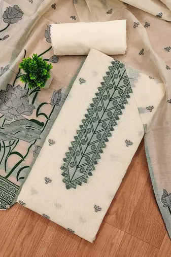 Offwhite muga cotton with jamdani weaving work unstitched suit