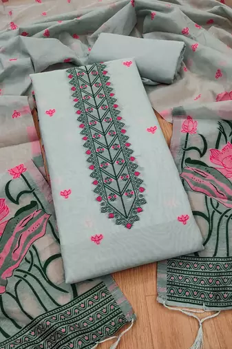 Grey muga cotton with jamdani weaving work unstitched suit