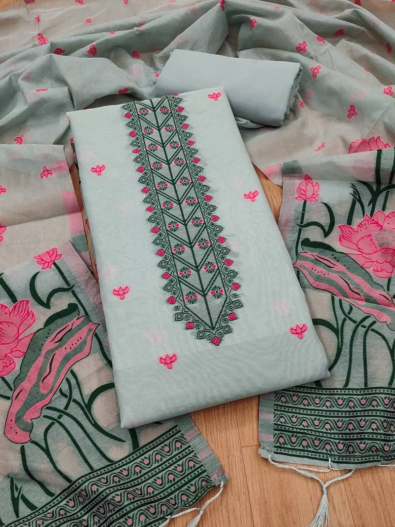 Grey muga cotton with jamdani weaving work unstitched suit