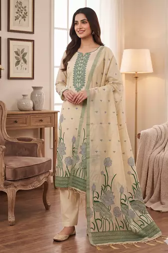 Chiku muga cotton with jamdani weaving work suit