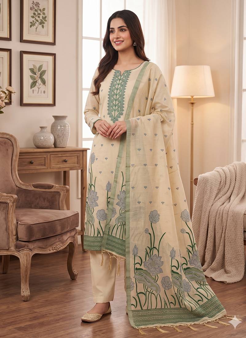 Chiku muga cotton with jamdani weaving work suit