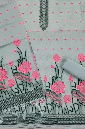 Grey muga cotton with jamdani weaving work unstitched suit