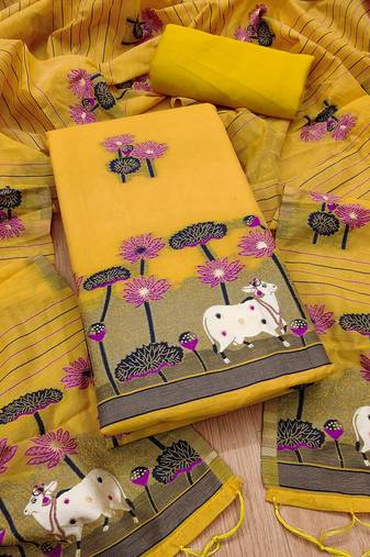 Yellow muga cotton with jamdani weaving work unstitched suit