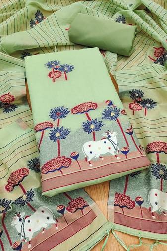 Pista muga cotton with jamdani weaving work unstitched suit