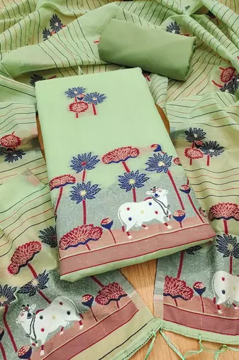 Pista muga cotton with jamdani weaving work unstitched suit