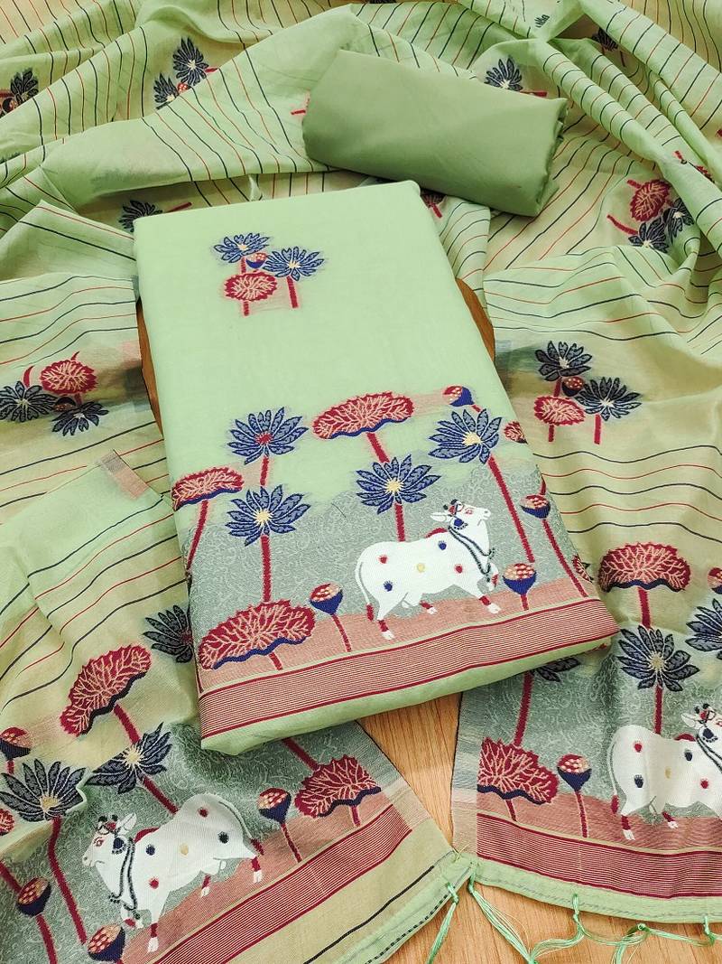Pista muga cotton with jamdani weaving work unstitched suit