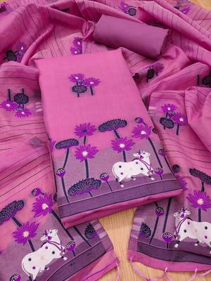 Pink muga cotton with jamdani weaving work unstitched suit 1
