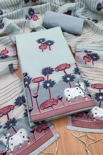Grey muga cotton with jamdani weaving work unstitched suit
