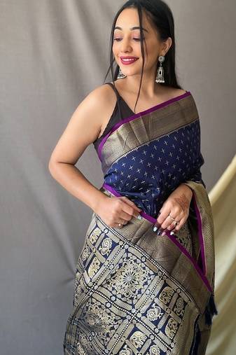 Dark Navy Blue Kanjivaram silk blend Saree