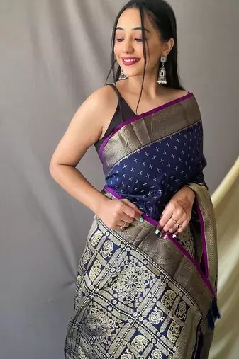 Dark Navy Blue Kanjivaram silk blend Saree
