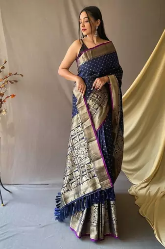 Dark Navy Blue Kanjivaram silk blend Saree