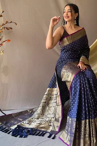 Dark Navy Blue Kanjivaram silk blend Saree