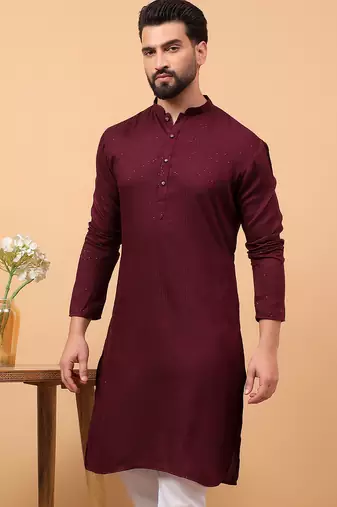 Maroon chikankari embroidery cotton kurta embellish work by treemoda