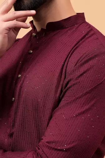 Maroon chikankari embroidery cotton kurta embellish work