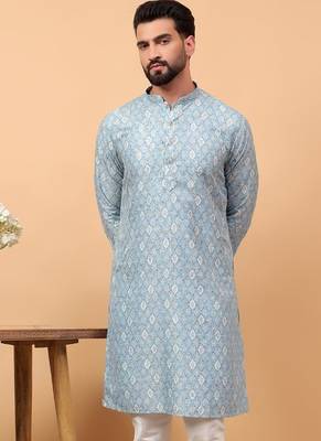 Blue chikankari embroidery cotton kurta embellish work by treemoda 1