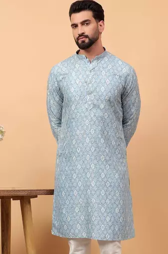 Blue chikankari embroidery cotton kurta embellish work by treemoda