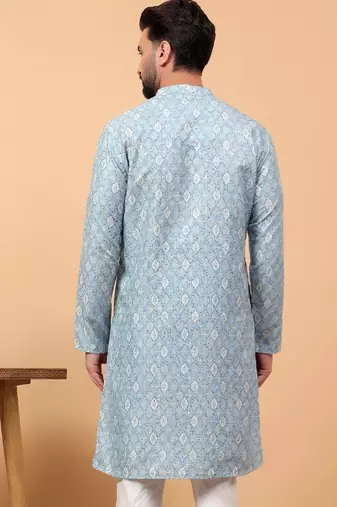 Blue chikankari embroidery cotton kurta embellish work by treemoda