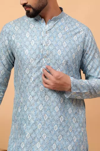 Blue chikankari embroidery cotton kurta embellish work by treemoda