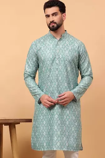 Green chikankari embroidery cotton kurta embellish work by treemoda