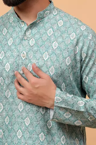 Green chikankari embroidery cotton kurta embellish work