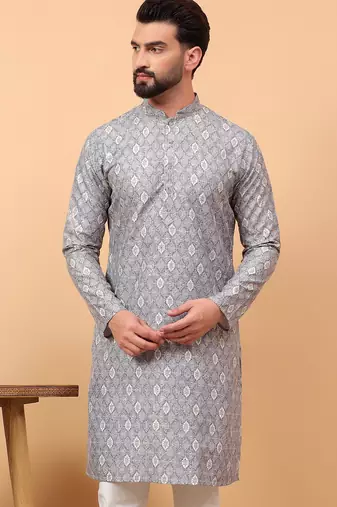 Grey chikankari embroidery cotton kurta embellish work by treemoda