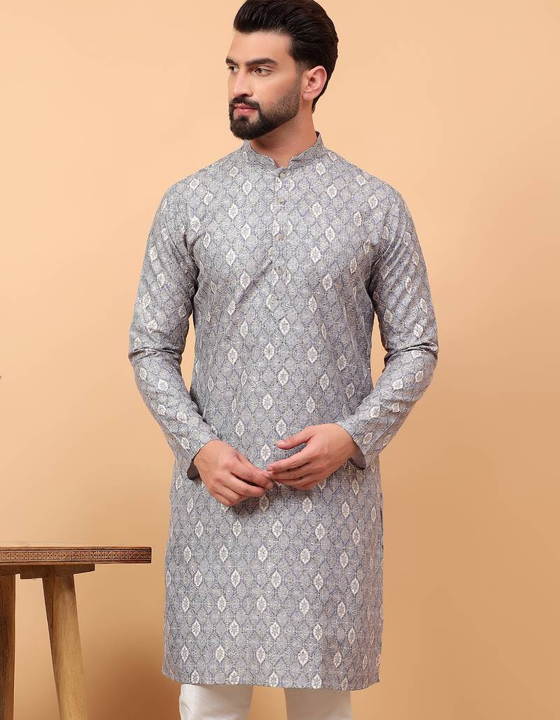 Grey chikankari embroidery cotton kurta embellish work by treemoda