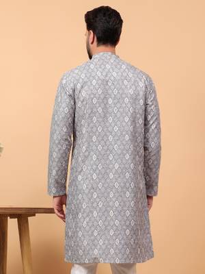 Grey chikankari embroidery cotton kurta embellish work 2