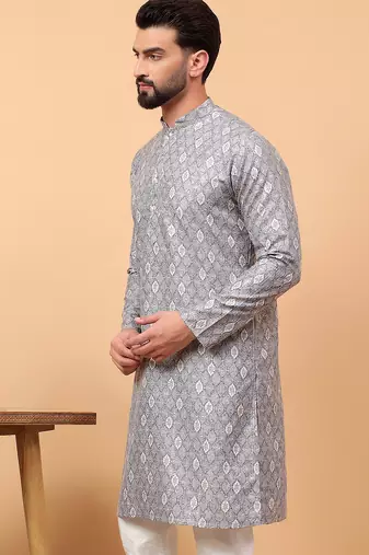 Grey chikankari embroidery cotton kurta embellish work