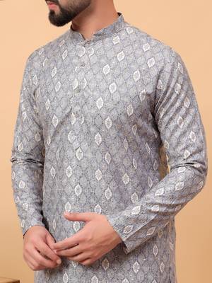 Grey chikankari embroidery cotton kurta embellish work 4