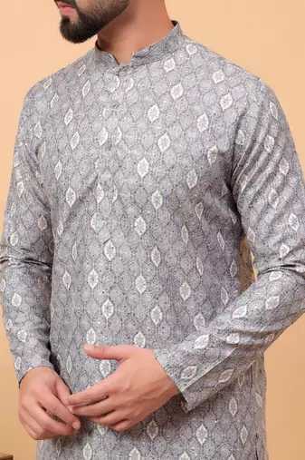 Grey chikankari embroidery cotton kurta embellish work