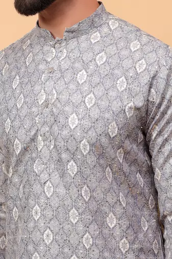 Grey chikankari embroidery cotton kurta embellish work