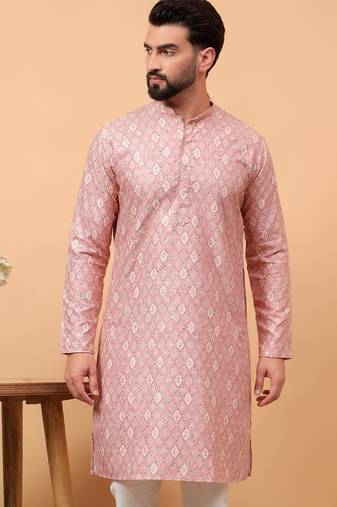 Pink chikankari embroidery cotton kurta embellish work by treemoda