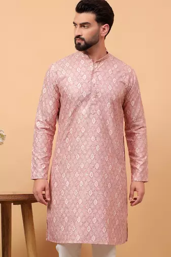 Pink chikankari embroidery cotton kurta embellish work by treemoda