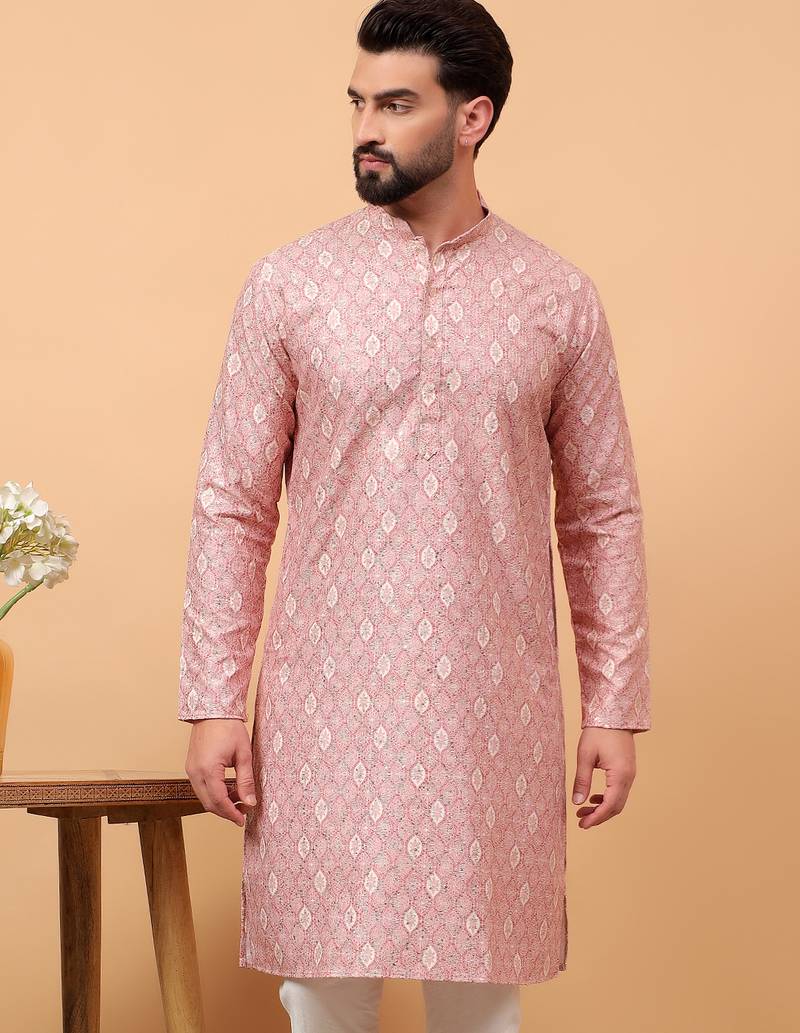 Pink chikankari embroidery cotton kurta embellish work by treemoda