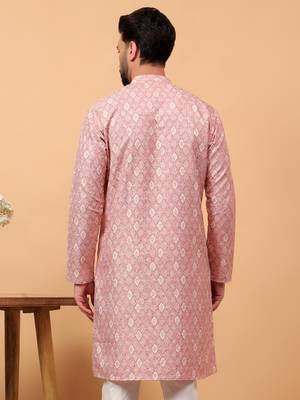 Pink chikankari embroidery cotton kurta embellish work 2