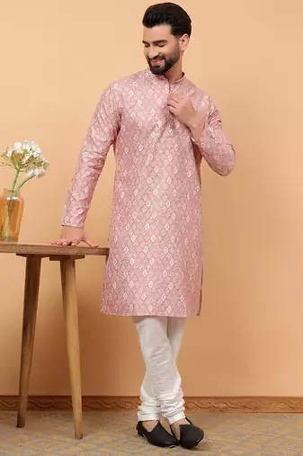 Pink chikankari embroidery cotton kurta embellish work