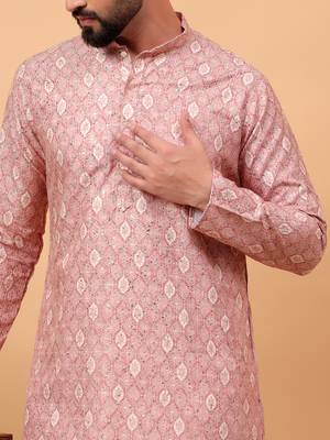 Pink chikankari embroidery cotton kurta embellish work 4