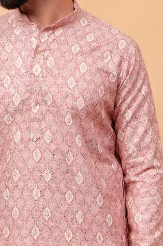Pink chikankari embroidery cotton kurta embellish work