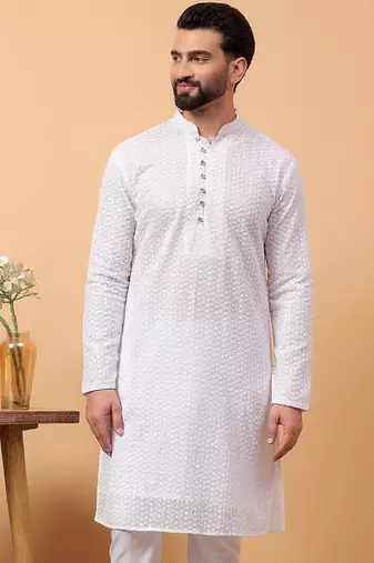 White chikankari embroidery georgette kurta embellish work by treemoda