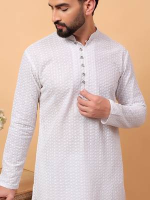 White chikankari embroidery georgette kurta embellish work 4