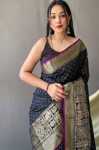Black Kanjivaram silk blend Saree