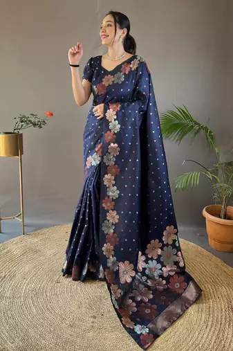 Navy Blue Wedding silk blend Saree