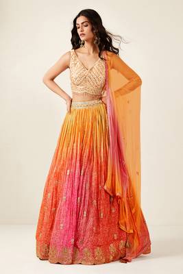 ORANGE PINK BANDHANI PRINT SEQUINCE EMBROIDERY ORGANZA LEHENGA CHOLI 1